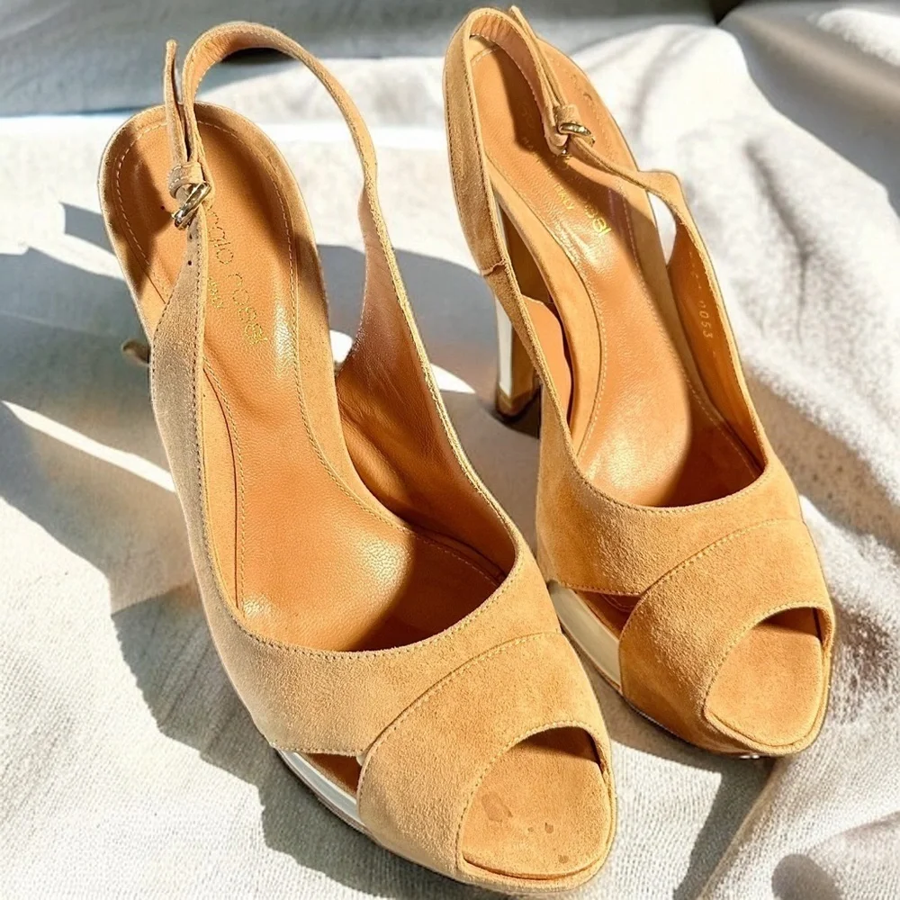 Sergio Rossi ‘Agathe’ Tan Suede & White Patent Peep Toe Slingback Heels Size 7.5
